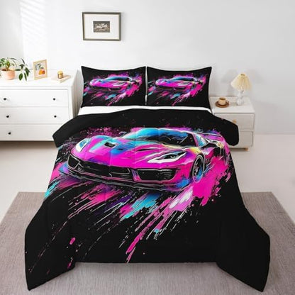 Homewish Cool Sports Car King Size Comforter Set,Kids Race Car Decor All Season Bedding Set,Teens Extreme Sports Comforter,Racing Theme Decor Quilt Set Bedroom Collection 3Pcs