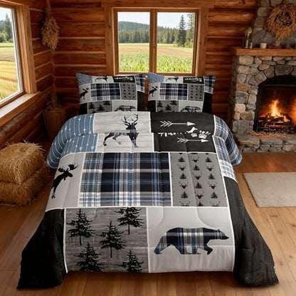 Rustic Adventure Kids Comforter Set Twin Size,Deer Bear Pine Trees Xmas Bedding Set for Boys Girls Adults Room Decor,Plaids Arrows Wooden Patchwork Down Comforter,Blue Duvet Insert,1 Pillowcase