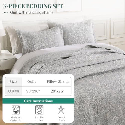 100% Cotton Quilt Set Queen Size, Classic Damask, Gray 90"x98"