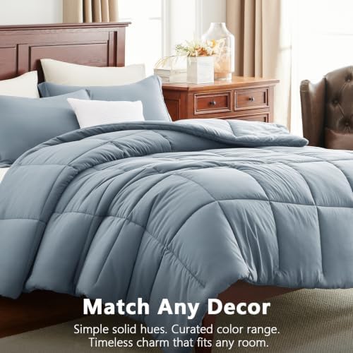 CozyLux Oversized Queen Comforter Set, 3-Piece Box-Stitched, Grayish Blue