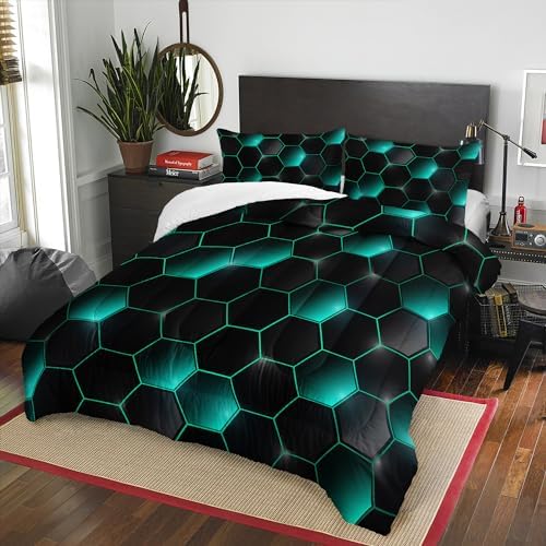 Geometric Black Green Neon Comforter Set,Light Honeycomb 3 Piece Bedding Set Twin for Teen Boys,Modern Bedding Quilt Set Geometry Decor,Microfiber Lightweight 1 Comforter 2 Pillowcases All Season