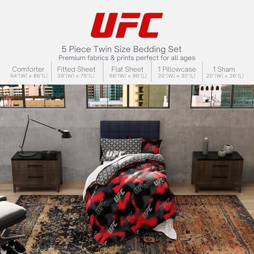 UFC Fight Night Bedding Set, Twin Size 5 Piece Set Super Soft Cozy Reversible Comforter and Sheet Set with Sham, (100% Officially Licensed Product) by Franco