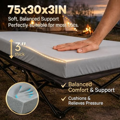 CYMULA Camping Cot Pad 2 Inch Memory Foam, Pad Only,Camping Pad for Folding Cot and Foldable Cot, Portable Roll Up Camp Gear for Car Camping Travel Tent, Non-Slip Waterproof Bottom, Removable Cover