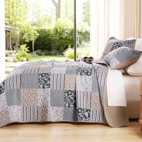 Mybedsoul Blue Brown Quilts Queen Size, Patchwork Floral Bedding Set