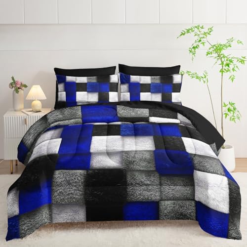 7 Piece Black White Blue Checkered King Size Comforter Set with Sheets，King Size Quilt Bedding Set Checkered，(1 Comforter, 1 Flat Sheet, 1 Fitted Sheet, 2 Pillowcase and 2 Pillow Sham)