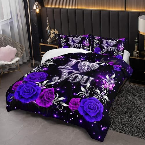 Purple Floral Full Size Comforter Set for Girls，Silver Diamond Pattern Bedding Set，with 1 Comforter with 2 Pillow Case，Diamond Room Decor for Bedroom