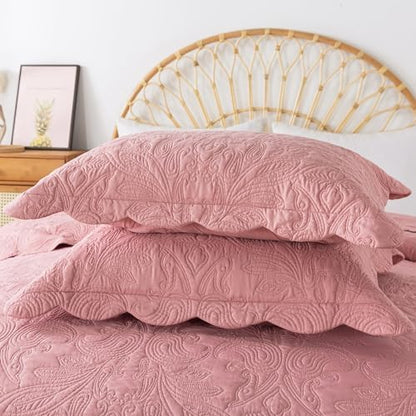 HoneiLife Queen Quilt Bedding Set - 3 Piece Microfiber Quilt Sets Lightweight Bedspreads Reversible Coverlets Rustic Bed Cover Floral Bedding Set All Season Quilts-Pink