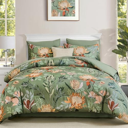 Luxudecor Floral Comforter Set Queen Bed in a Bag Set,7 Pieces Green Floral Comforter and Sheet Set,Soft Microfiber Bedding Sets for All Seasons (Green,90"X90")