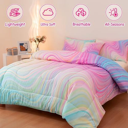 4 Pcs Girls Full Bedding Set, Tie Dye Superior Teen Comforter Sets, Pink Rainbow Full Bedding Set for Girls