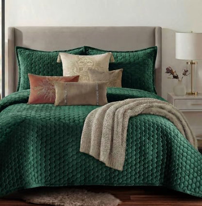 Tribeca Living Lugano Oversized Velvet Quilt Set - All Season, Extra Large, 2 Piece Twin Size Comforter Set with 1 Pillow Sham in Teal Honeycomb Pattern 260GSM