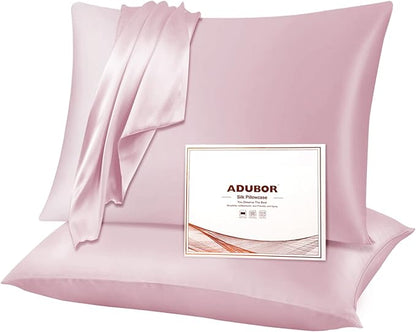 Adubor Silk Pillowcase for Hair and Skin with Hidden Zipper, Both Sides 23 Momme Silk Pillow Case, Queen Size 20×30 inches, Pink, 2PCS