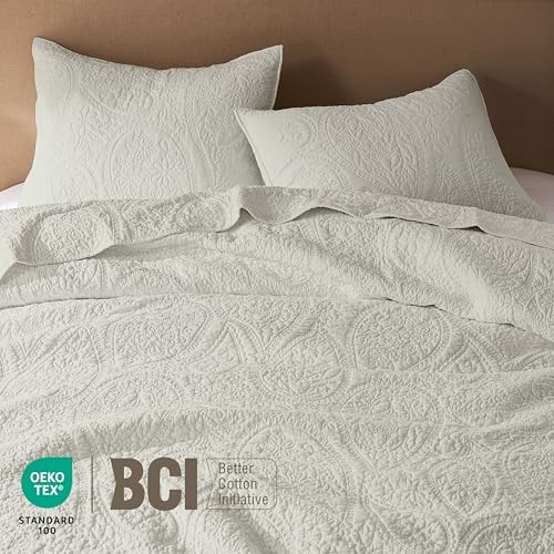 palassio Beige Paisley 100% Cotton Quilt King Size Bedding Sets with 2 Pillow Shams, Boho Floral Lightweight Farmhouse Country Vintage Soft Bedspread Shabby Chic Coverlet for All Season, 3 Pieces