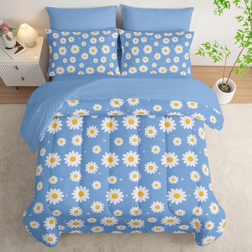7Pcs Comforter Set Daisy Flowers Printed Bedding Set with 1 Comforter,1 Flat Sheet,1 Fitted Sheet and 4 Pillowcases for Men and Women Bedroom All Season(Twin)