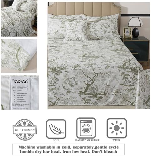 FADFAY Toile Sheets Set Cal King Sage Green Toile de Jouy Bedding Pastoral French Country Bedding 100% Egyptian Cotton Farmhouse Sheets Breathable Soft 4Pcs Deep Pocket Sheet Set for All Seasons