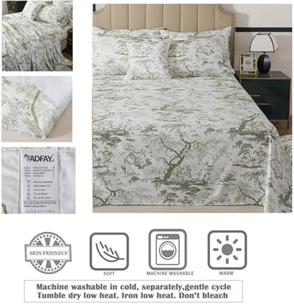 FADFAY Toile Sheets Set Cal King Sage Green Toile de Jouy Bedding Pastoral French Country Bedding 100% Egyptian Cotton Farmhouse Sheets Breathable Soft 4Pcs Deep Pocket Sheet Set for All Seasons