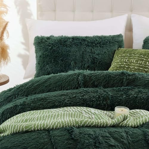 Smoofy Fluffy Full Size Comforter Set, Dark Green Faux Fur Comforter 3 Pcs