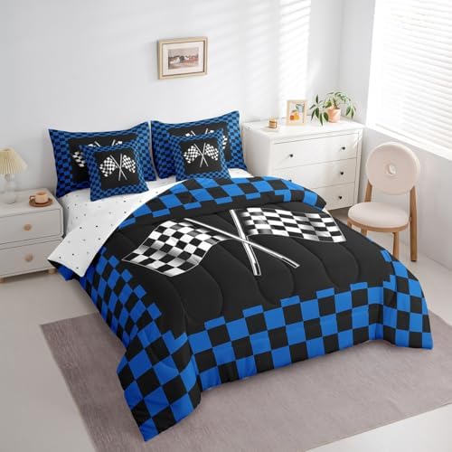 Teens Adult Racing Comforter Set King Size 7 Pcs Blue Black White Bedding Set with Comforter,Sheet Set,Pillowcase and Sham Racing Car Flag Game Theme Bed Set Checkered Flag Bedding for Room Decorative