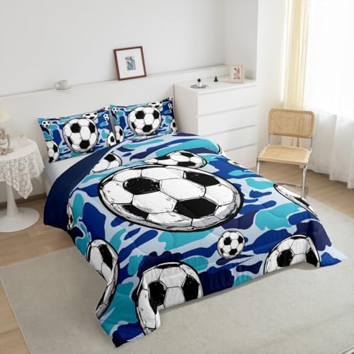 Football Sports Bedding Set Queen Size Soccer American Ball Games Comforter Set for Kids Teens Boys Room Decor Blue Camouflage Down Comforter Hexagon Geometric Quilt Set with 2 Pillowcases