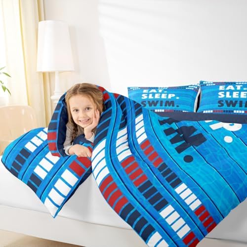 Homewish Swimmer Bedding Sets Twin Size,Swimming Lover Comforter Set 2Pcs for Kids Teens Boys Men Room Decor,Swimming Sports Quilted Duvet Swimming Lane Stripes Dark Blue Down Comforter,1 Pillowcase