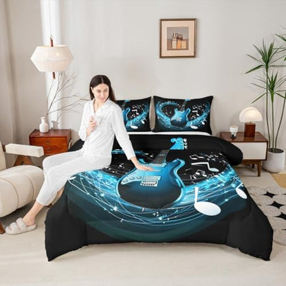 Erosebridal Guitar Comforter Set Queen,Blue Music Notes Down Comforter Rock Musical Bedding Set for Kids Boys Girls Teens,Cool Electric Instrument Hiphop Hippie Quilt Duvet Set 2 Pillow Cases Black