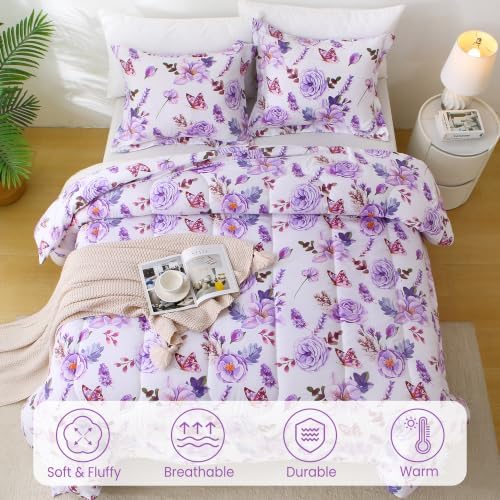Mooreeke Purple King Size Comforter Sets, Purple Flower and Butterfly Printed Bedding for All Seasons, 3-Piece Vintage Bed in a Bag with Fluffy Quilted Reversible Comforter & 2 Pillow Shams