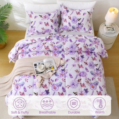 Mooreeke Purple King Size Comforter Sets, Purple Flower and Butterfly Printed Bedding for All Seasons, 3-Piece Vintage Bed in a Bag with Fluffy Quilted Reversible Comforter & 2 Pillow Shams