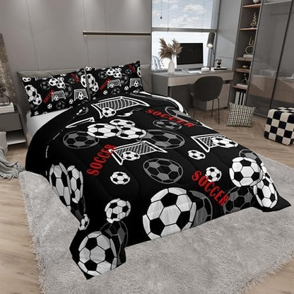 Castle Fairy Black White Soccer King Size Comforter Set,Kids Football Gate Decor All Season Bedding Set,Teens Ball Games Comforter,Soccer Sketches Decor Quilt Set Bedroom Collection 3Pcs