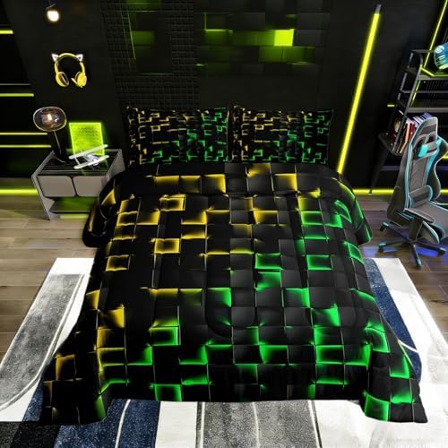 Erosebridal Geometric Checkered Comforter Set Toddler Neon Yellow Green Bedding Set for Kids Boys Teen Gamer Room Decor,Abstract Ombre Plaid Comforter Grids Quilt Duvet Black