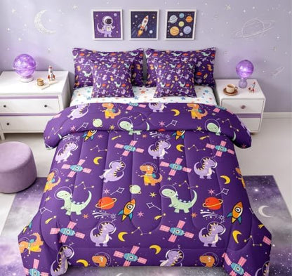Feelyou Kids Cute Dinosaur 7 Piece Bedding Set Queen Size Solar System Comforter Set with Sheets for Boys Girls Moon Star Print Bed in a Bag Purple Bed Set