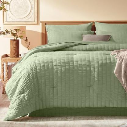 Laojin Balhen King Size Comforter Set 7 Pieces, Sage Green Seersucker Bed in a Bag Set King Size, All Season Luxury Bedding Sets with Comforter, Sheets, Pillowcase & Sham