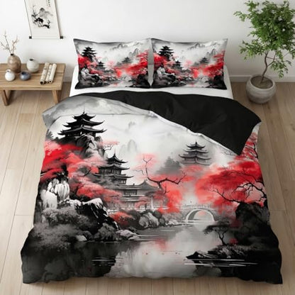 CCoutueChen Japanese Style Comforter Set Full Cherry Blossoms Bedding Black Red Chinese Watercolor Bed Set for Adult Women 3 Pcs All Season Soft Microfiber Down Alternative Comforter