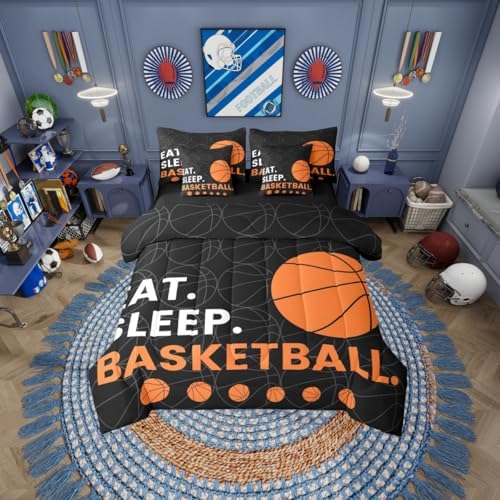 Erosebridal Boys Basketball Gaming Theme Comforter Set Queen Size 7 Pieces | Sports Kids Teens Bed in A Bag Games Pattern Bed Set Black Grey Bedding