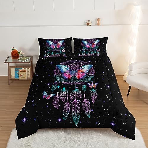HOSIMA Dream Catcher Tween Bedding Sets for Girls,Butterfly Feather Dream Stories Comforter Set Kidcore Room Decor Aesthetic Galaxy Starry Black Princess Twin Bedding Set with 2 Pillowcases.