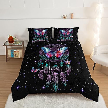 HOSIMA Dream Catcher Tween Bedding Sets for Girls,Butterfly Feather Dream Stories Comforter Set Kidcore Room Decor Aesthetic Galaxy Starry Black Princess Twin Bedding Set with 2 Pillowcases.