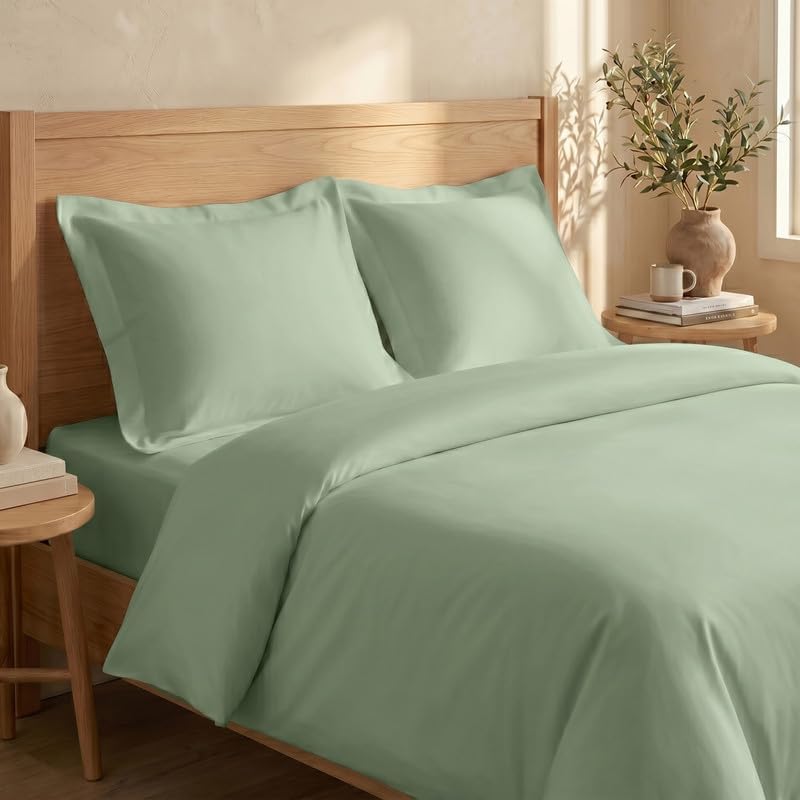 BIOWEAVES 100% Organic Cotton Full/Queen Duvet Cover Set, 3-Piece, 300 Thread Count Sateen Weave GOTS Certified Comforter Cover with Buttoned Closure and 2 Pillow Shams –Basil, 90x90 inches