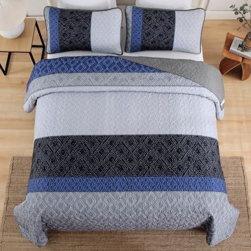 Cottolester Boho Quilt Set King Size,3 Pcs Gray Blue Striped Bedspread Set