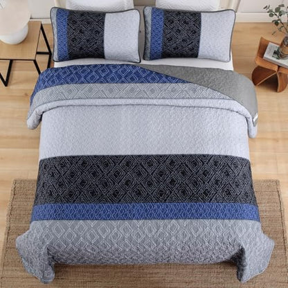 Cottolester Full Quilt Set,3 Pieces Boho Gray Blue Striped Bedspread Set