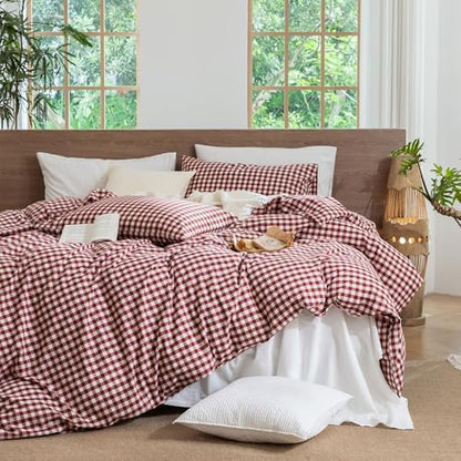 MooMee Gingham Duvet Cover Set 100% Washed Cotton Linen Like