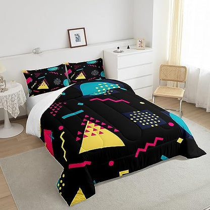 Manfei Memphis Comforter Set Full Size, Retro 80s 90s Geometric Fashion Style Bedding Set 3pcs for Kids Boys, Triangle Circle Vintage Quilt Set Soft Polyester Duvet Set with 2 Pillowcases