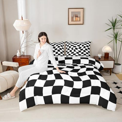 Checkered Comforter Set Full Size Abstract Geometric Bedding Set for Kids Boys Girls Modern Geometric White Black Duvet Quilt Cute Neutral Aesthetic Plaid Bedroom Decor 3 Pcs with 2 Pillow Cases