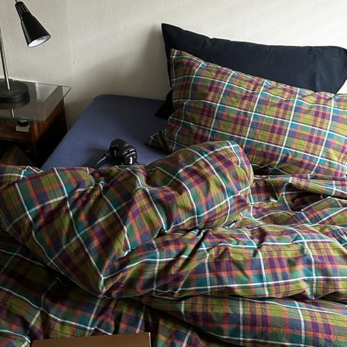 mixinni Vintage Multicolor Gingham Comforter Set King Size - 100% Washed Cotton 3-Piece Retro Plaid Pattern Bedding Set (1 Comforter + 2 Pillowcases), All-Season Lightweight & Breathable