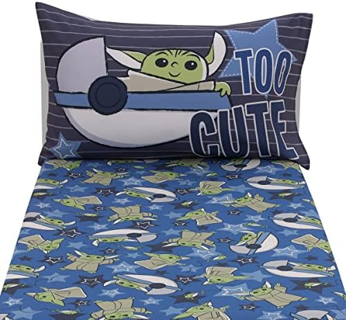 NoJo Star Wars The Child Cutest in The Galaxy Blue, Green, and Gray Grogu and Hover Pod 2 Piece Toddler Sheet Set - Fitted Bottom Sheet and Reversible Pillowcase