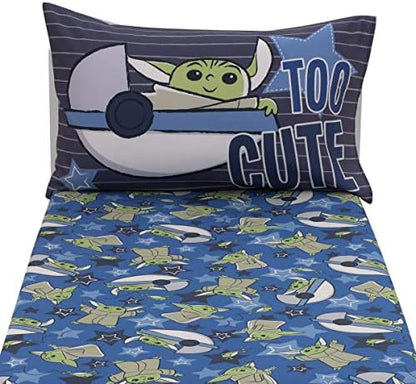 NoJo Star Wars The Child Cutest in The Galaxy Blue, Green, and Gray Grogu and Hover Pod 2 Piece Toddler Sheet Set - Fitted Bottom Sheet and Reversible Pillowcase