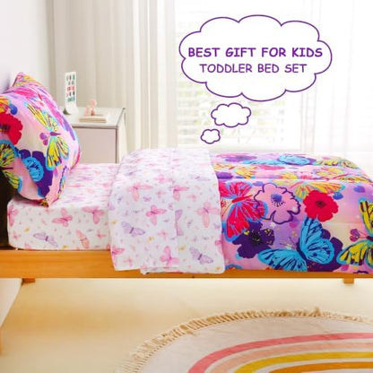 Mooreeke Toddler Bedding Sets for Girls,4 Pieces Butterfly Flowers Printed