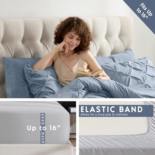 Nestl 9 Piece Full Comforter Set – Stone Blue Pinch Pleated Bed in a Bag – Complete Full Size Bedding Set with Sheets, Set of 2 Cooling Pillows, Pillowcases and Shams