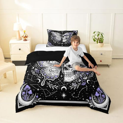 Butterfly Skull Kids Comforter Toddler Size,Purple Mushroom Gothic Skeleton Quilt Set for Kids Boys Girls Bedroom Decor,Galaxy Botanical Wild Plants Bedding Set,Retro Hippie Duvet Insert,1 Pillowcase