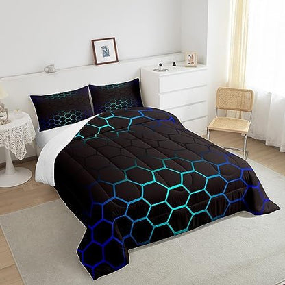Geometrics Honeycomb Comforter Set Full, Abstract Ombre Honeycomb Bedding Set for Kids Beehive Hexagon Comforter Simplistic Duvet Set 3Pcs