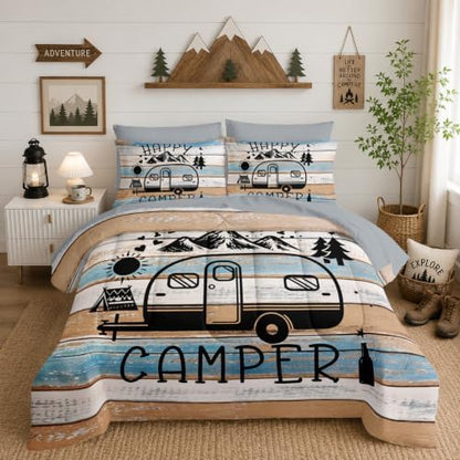 HOSIMA 7Pcs Vintage Comforter Set Twin Size with Sheets for Camper Decor.