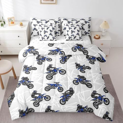 Feelyou Dirt Bike Queen Comforter Set with Sheets for Boys Girls Graffiti Style Lines 7 Pieces Bedding Set Extreme Sports Bed in a Bag Racing Motocross Rider Room Decor Motorcycle Soft Lightweight