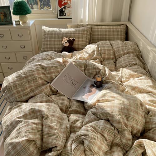 mixinni Queen Comforter Set, Green Buffalo Plaid Bedding Set 3-Piece, Vintage Geometric Pattern, Lightweight & Fluffy Comforter, Soft Breathable Grid Bed Set for All-Season,(Green, Pink, White)